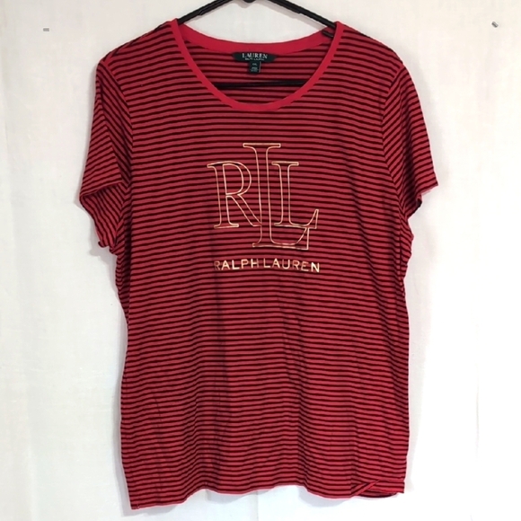 Lauren Ralph Lauren Red Black Striped Large Logo Tee Size XXL - Picture 1 of 5